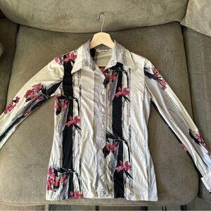 Tarri Vintage Polyester Button up Long Sleeve - Bamboo and flowers - M